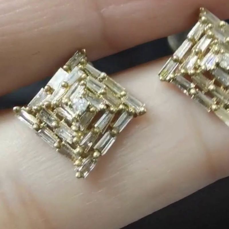 3D Square Stud Earrings - natural diamonds in 18K Japan gold.