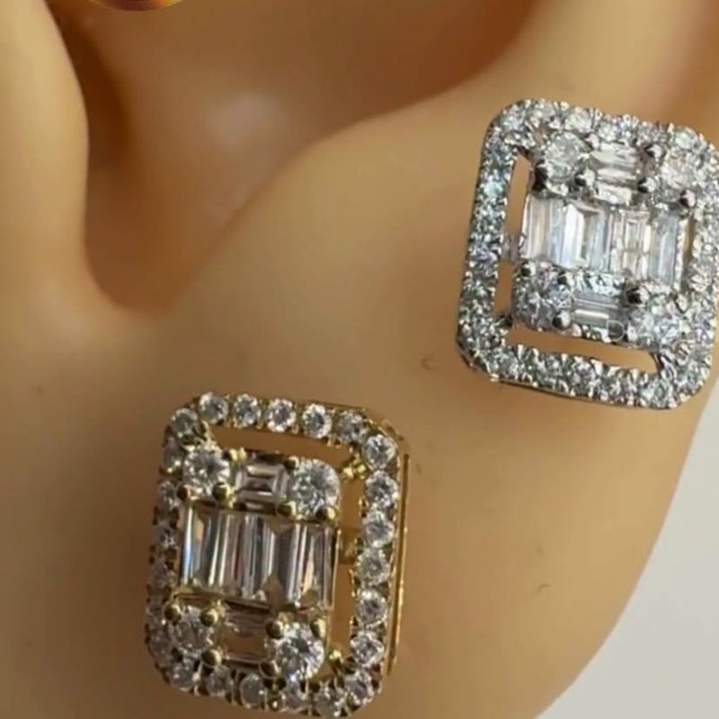 Square Baguette Stud Earrings - natural diamonds in 18K Hong Kong gold.
